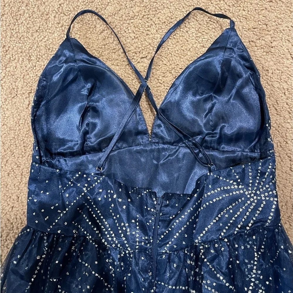 Womens Royal Blue V-neck Glitter Hi-cut Slit Prom Dress - Picture 8 of 11